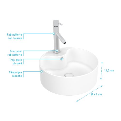 Vasque à Poser Ronde - Céramique Blanche - Diamètre 41 Cm - Roll On