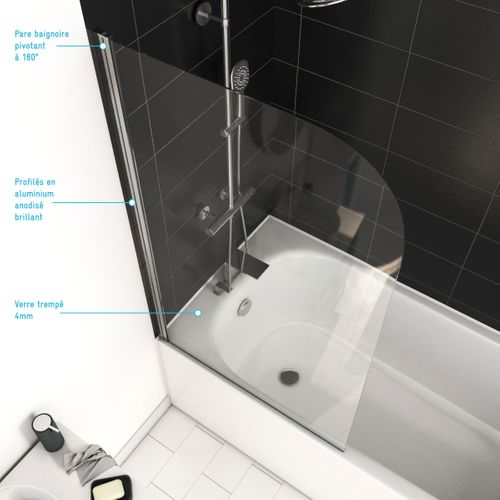 Pare Baignoire Pivotant 130x75cm Profile Aluminium Chrome - Vela Chrome