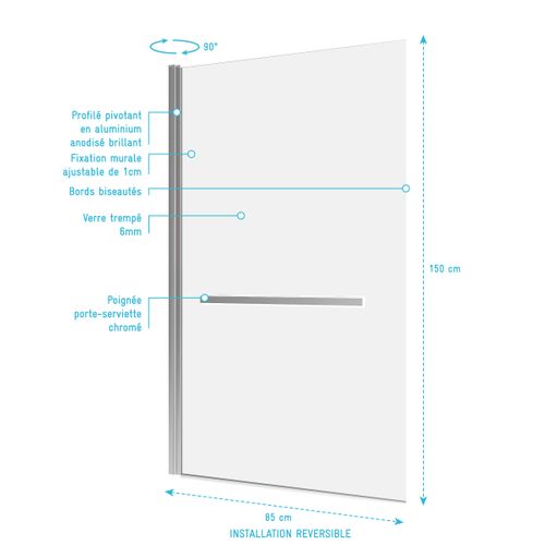 Pare Baignoire Pivotant Avec Porte-serviette 85x150cm - Profilé Chrome - Verre 6mm - Tshape Chromed
