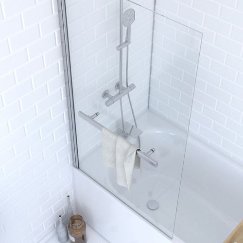 Pare Baignoire Pivotant Avec Porte-serviette 85x150cm - Profilé Chrome - Verre 6mm - Tshape Chromed