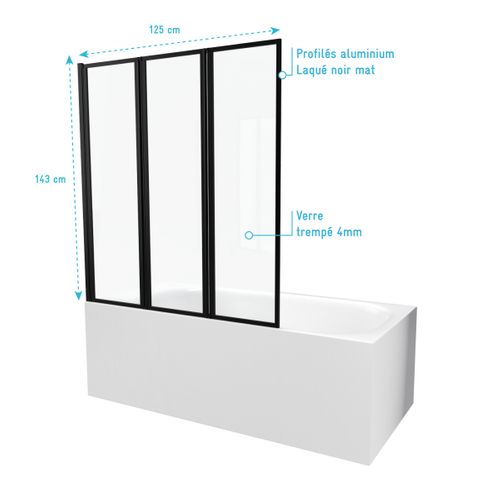 Pare Baignoire Pivotant 3 Volets Noir Mat - 125x143 Cm - Verre Trempé 4 Mm - Zaggy Dark