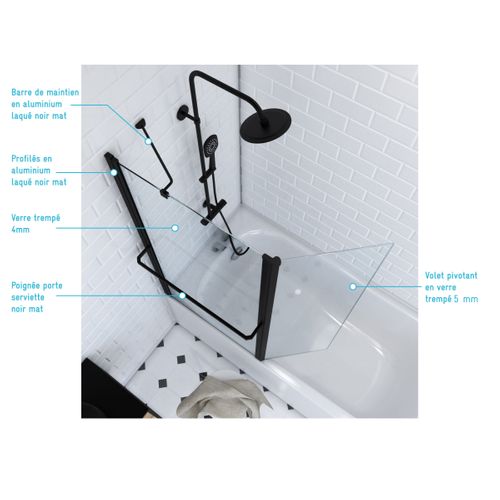Pare Baignoire Avec Volet Pivotant 130x105cm Profile Aluminium Noir Mat Et Verre Transparent