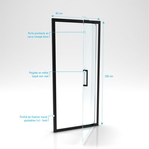 Porte De Douche Pivotante - 90x200 Cm - Profilés Noir Mat - Verre Trempé 6 Mm - Crush