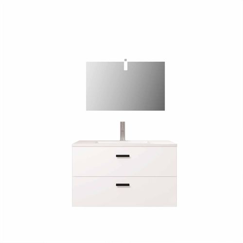 Meuble Salle De Bains 80 Cm 2 Tiroirs Blanc Avec Vasque Blanche, Miroir Et Applique LED - Box LED