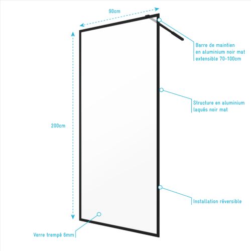 Paroi De Douche 90x200 Cm - Cadre Et Bras Aluminium Noir Mat - Dark Contouring