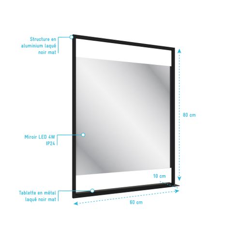 Miroir Salle De Bain LED Auto-éclairant 60x80cm - Laqué Noir Mat - Framed Mirror LED