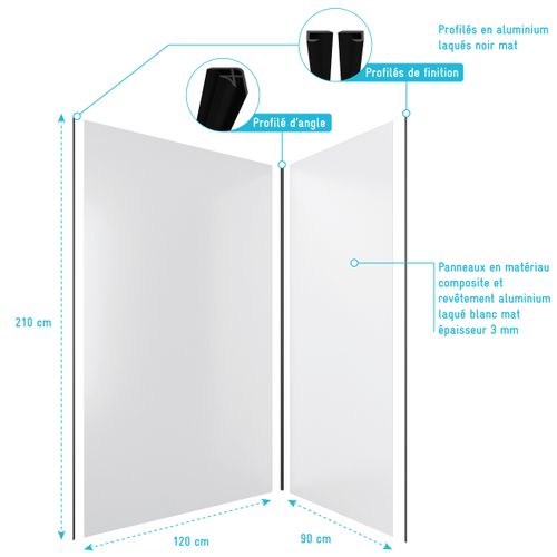 Lot De 2 Panneaux Muraux Aluminium Blanc 90+120x210 Cm Avec Profilés Noir Mat - Wall'it