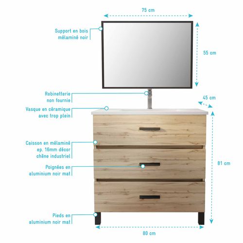 Meuble De Salle De Bain 80 Cm - Chêne Industriel - 3 Tiroirs - Vasque Et Miroir