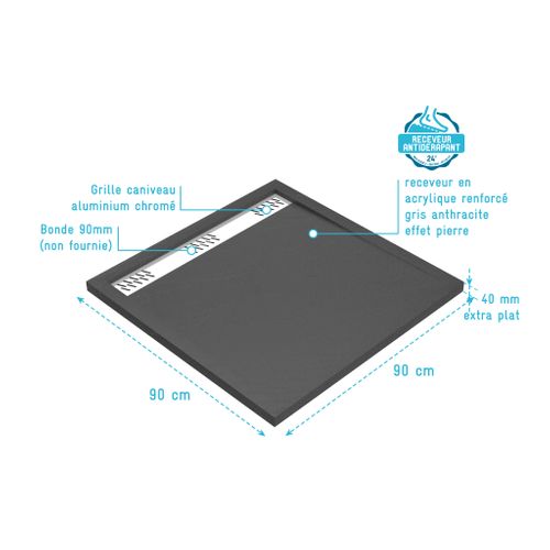 Receveur En Acrylique Gris Effet Pierre 90x90x4 Cm - Grille Linéaire Chrome - Meteora