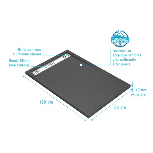 Receveur En Acrylique Gris Effet Pierre 80x120x4 Cm - Grille Linéaire Chrome - Meteora