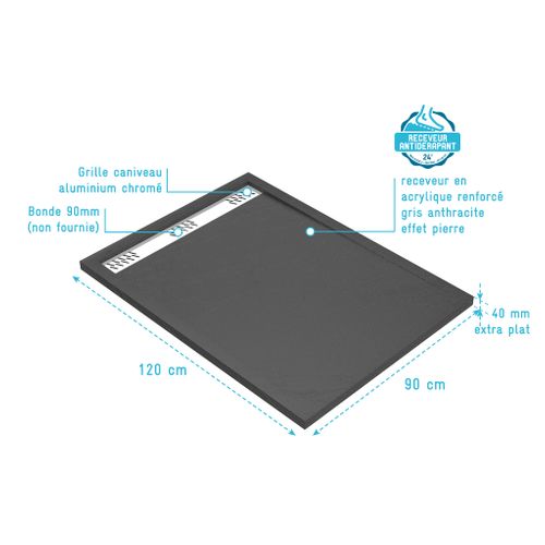 Receveur En Acrylique Gris Effet Pierre 90x120x4 Cm - Grille Linéaire Chrome - Meteora