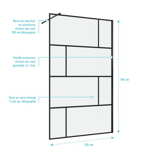Paroi De Douche à L'italienne Serigraphie Type Brique - Dim, 120x195cm - Profile Noir Mat - 5mm