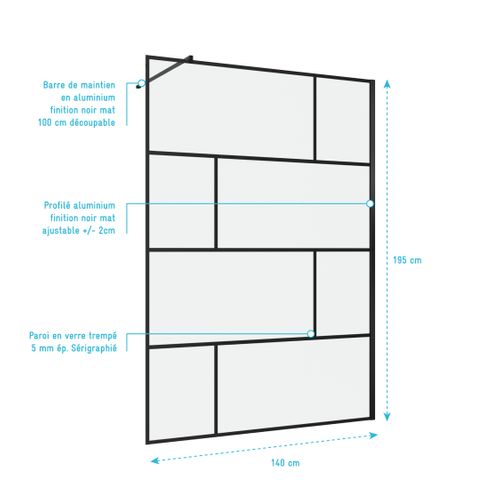 Paroi De Douche à L'italienne Serigraphie Type Brique - 140x195cm - Profile Noir Mat - Verre 5mm