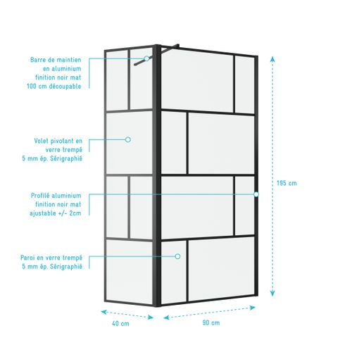Paroi De Douche Avec Pivot 90+40x195cm - Sérigraphie Type Briques Et Profilés Noir - Dark Blocks