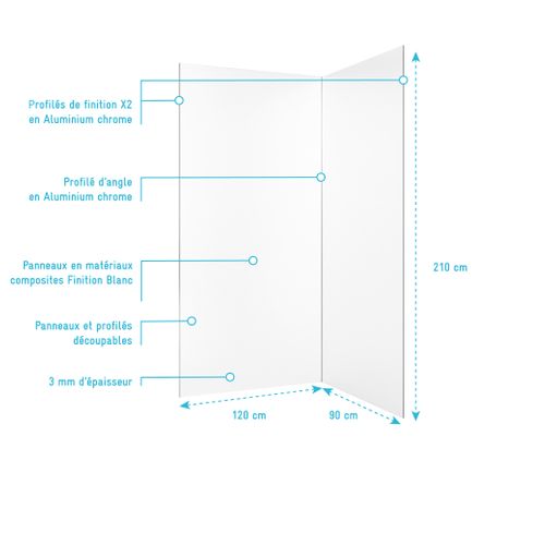 Lot De 2 Panneaux Muraux Aluminium Blanc 90+120x210 Cm Avec Profilés Chrome - Wall'it