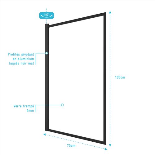 Pare Baignoire Rabattable 75x130cm - Finition Noir Mat - Dark Contouring Screen