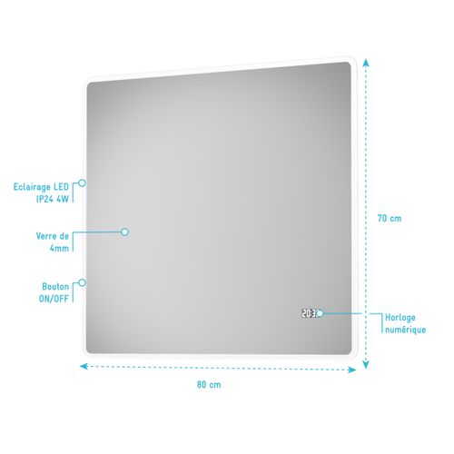Miroir Salle De Bain LED Rectangulaire Auto-éclairant 80x70cm - Ulysse LED 80