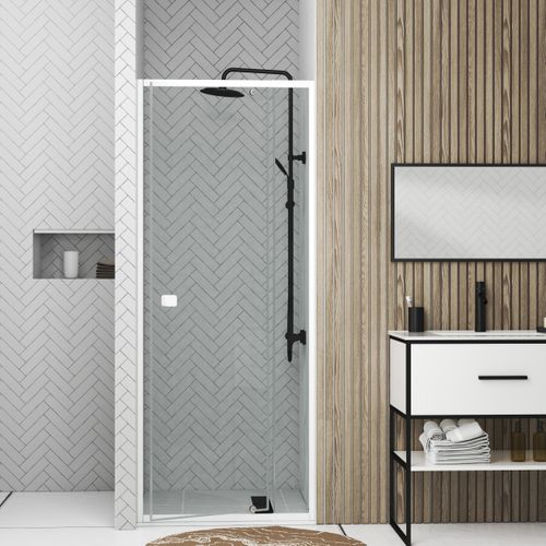 Porte De Douche Pivotante Ajustable De 78 à 90cm En Alu. Blanc Et Verre Transparent - Whity Pivot