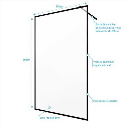 Paroi De Douche 100x200 Cm - Cadre Et Bras Aluminium Noir Mat - Dark Contouring