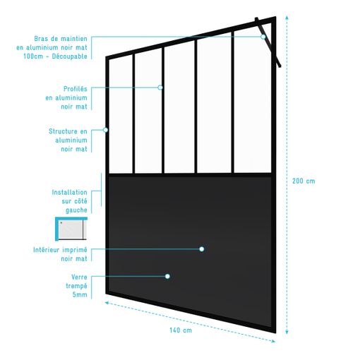 Paroi De Douche 140x200 Cm Type Verriere - Verre Trempe Et Structure Aluminium Noir Mat