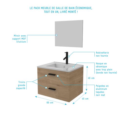Meuble Vasque 60 Cm Suspendu 2 Tiroirs Finition Bois Avec Vasque Et Miroir - Bois