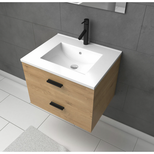 Meuble Vasque 60 Cm Suspendu 2 Tiroirs Finition Bois Avec Vasque Et Miroir - Bois