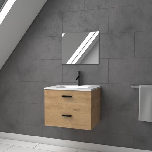 Meuble Vasque 60 Cm Suspendu 2 Tiroirs Finition Bois Avec Vasque Et Miroir - Bois