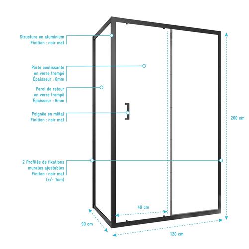 Paroi De Douche 1 Porte Coulissante + Retour 120x90x200 Cm - Verre 6 Mm - Profilé Noir - Crush