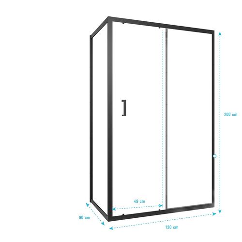 Paroi De Douche 1 Porte Coulissante + Retour 120x90x200 Cm - Verre 6 Mm - Profilé Noir - Crush
