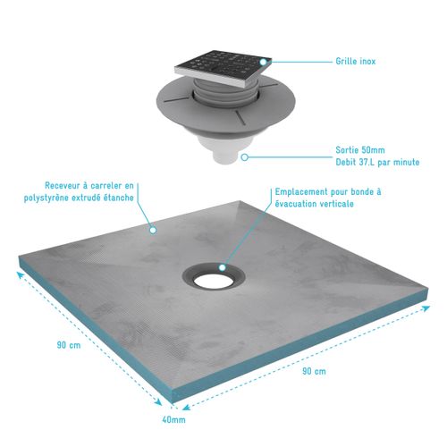 Receveur De Douche à Carreler 90x90 Cm Avec Bondes à Sortie Verticale - Grille Inox