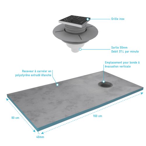 Receveur De Douche à Carreler 160x90 Cm Avec Bondes à Sortie Verticale - Grille Inox