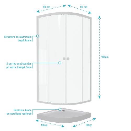 Pack Porte De Douche Coulissante Blanc De 89 à 90x190 Cm + Receveur - Whity Round Slide