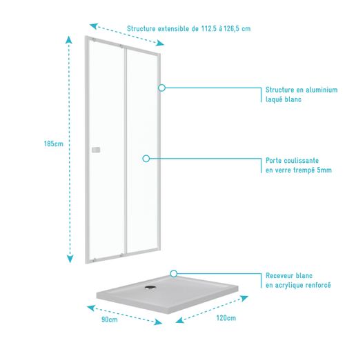 Pack Porte De Douche Coulissante Blanc 120x185cm + Receveur 90x120 - Whity Slide