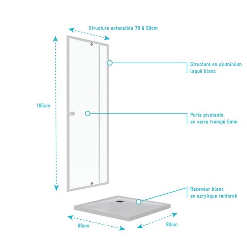 Pack Porte De Douche Pivotante Blanc De 78 à 90x185cm + Receveur 80x80 - Whity Pivot