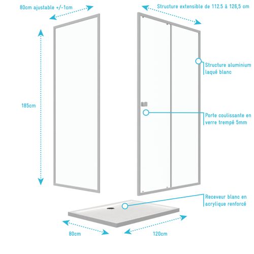 Pack Porte De Douche Coulissante Blanc 120x185 Cm + Paroi De Retour 80cm + Receveur à Poser - Whity
