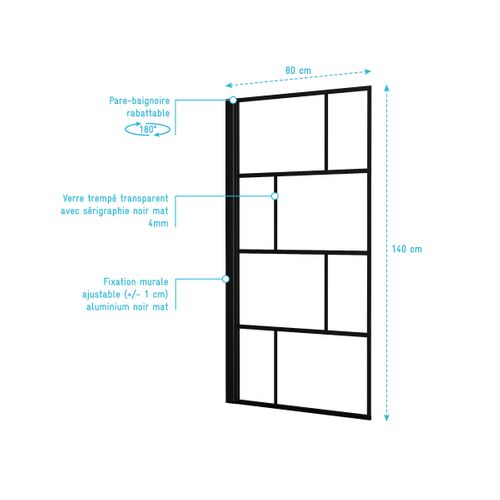 Pare Baignoire Rabattable Sérigraphié 80x140 Cm - Finition Noir Mat - Blocks Screen