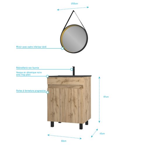 Pack Meuble Sdb 60cm Sur Pieds 2 Portes Chene_vasque Noire + Miroir Barber - Timber 60_pack20
