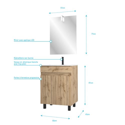 Pack Meuble Sdb 60cm Sur Pieds 2 Portes Chene_vasque Blanche + Miroir LED - Timber 60_pack21