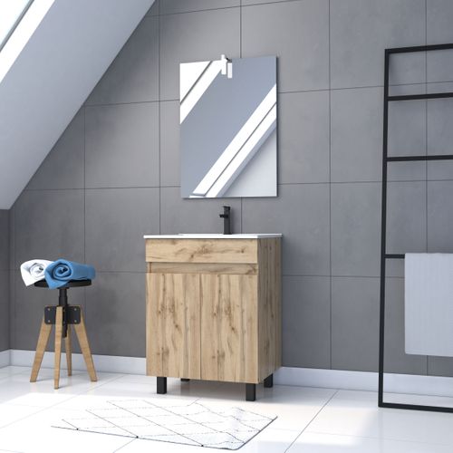 Pack Meuble Sdb 60cm Sur Pieds 2 Portes Chene_vasque Blanche + Miroir LED - Timber 60_pack21