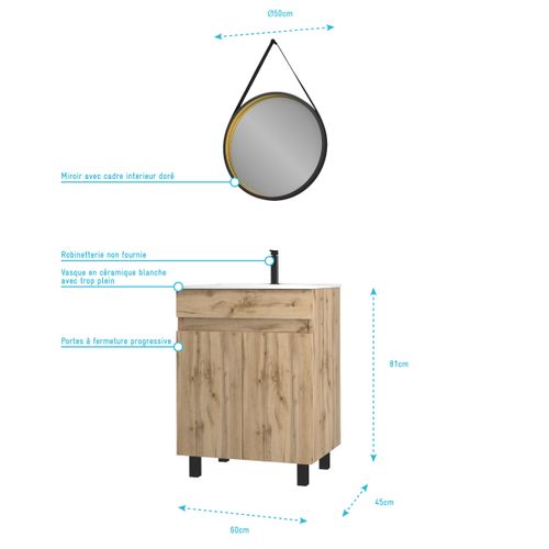 Pack Meuble Sdb 60cm Sur Pieds 2 Portes Chene_vasque Blanche + Miroir Barber - Timber 60_pack22