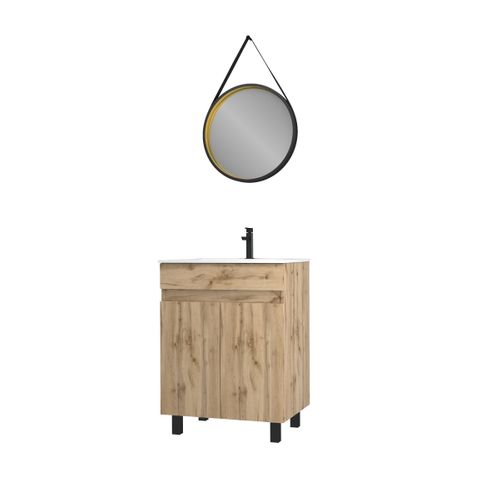 Pack Meuble Sdb 60cm Sur Pieds 2 Portes Chene_vasque Blanche + Miroir Barber - Timber 60_pack22