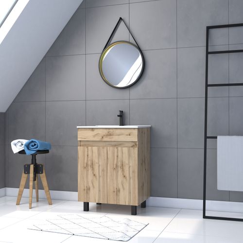 Pack Meuble Sdb 60cm Sur Pieds 2 Portes Chene_vasque Blanche + Miroir Barber - Timber 60_pack22
