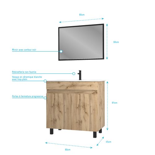 Meuble Salle De Bain 80x80 - Finition Chene Naturel + Vasque Blanche + Miroir - Timber 80 - Pack25