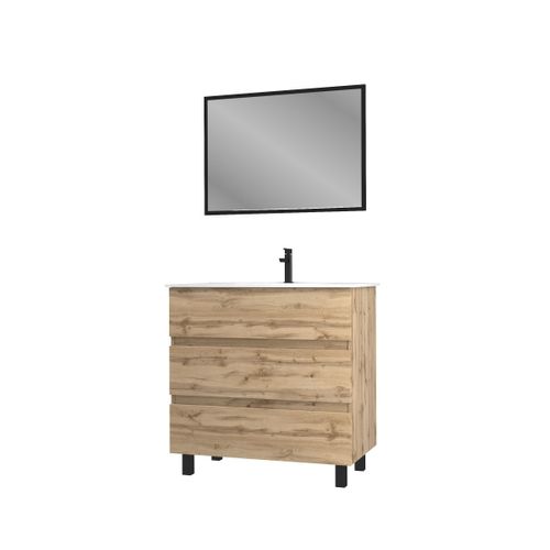 Meuble Salle De Bain 80x80 - Finition Chene Naturel + Vasque Blanche + Miroir - Timber 80 - Pack25