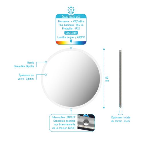 Miroir Salle De Bain Rond Avec Eclairage LED - Diamètre 60cm - Go LED