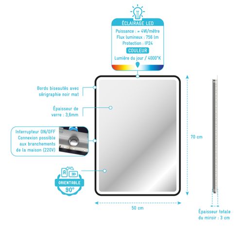 Miroir Salle De Bain Avec Eclairage LED Et Contour Noir - 50x70cm - Go Black LED