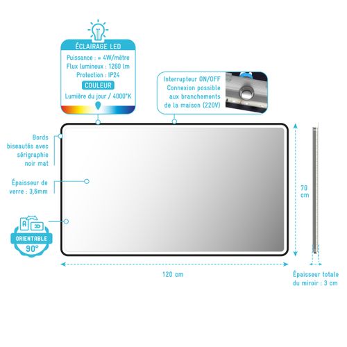 Miroir Salle De Bain Avec Eclairage LED Et Contour Noir - 120x70cm - Go Black LED