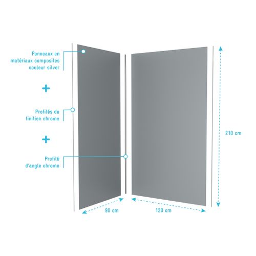 Pack 2 Panneaux Muraux En Aluminium Silver 120+90x210 Cm + Profilés Finition Et Angle Chrome