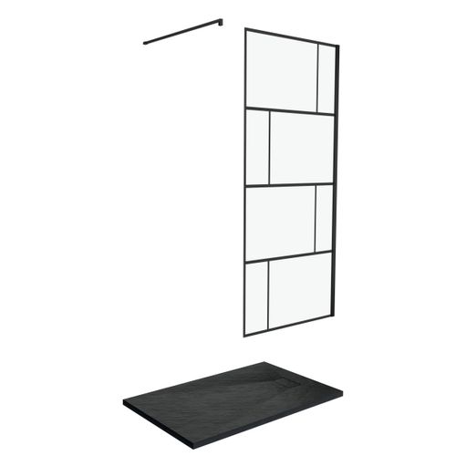 Pack Paroi De Douche 90x195 Cm + Receveur Noir Effet Pierre 140x90 Cm