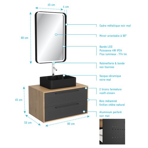 Meuble Salle De Bains 80 Cm, Vasque Rectangulaire Et Miroir LED - Chêne Naturel Et Noir Mat - Uby